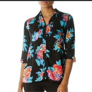 Maeve Anthropologie Woodland Walk Black Floral Button Front Short Sleeve Blouse